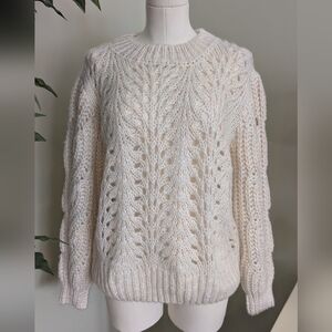 Bishop + Young Cream Open Knit Puff Sleeve Sweater Size Medium